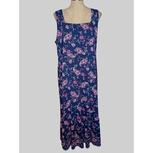 Lands End Maxi Dress Plus 2X 20W-22W Sleeveless Blue Paisley Colorful Beach
